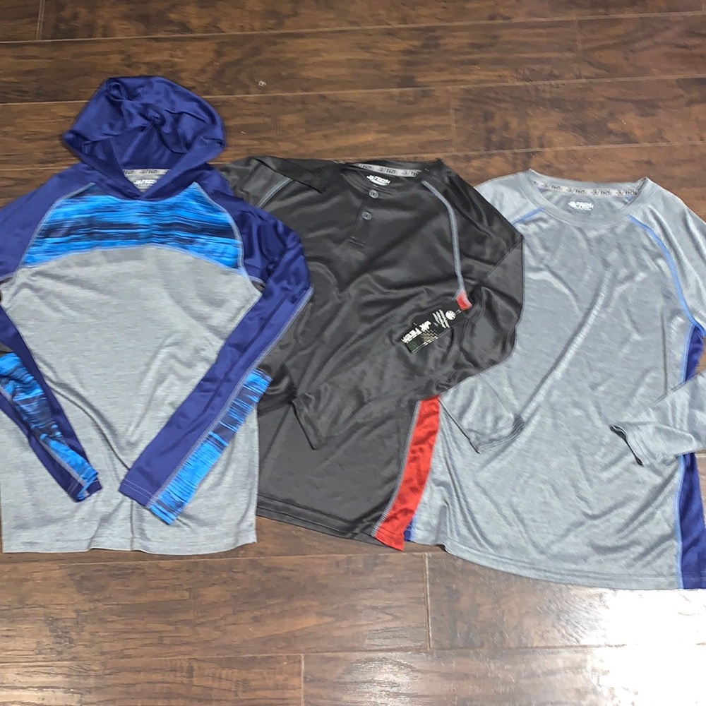 black, grey, and blue moisture wicking long sleeve shirts